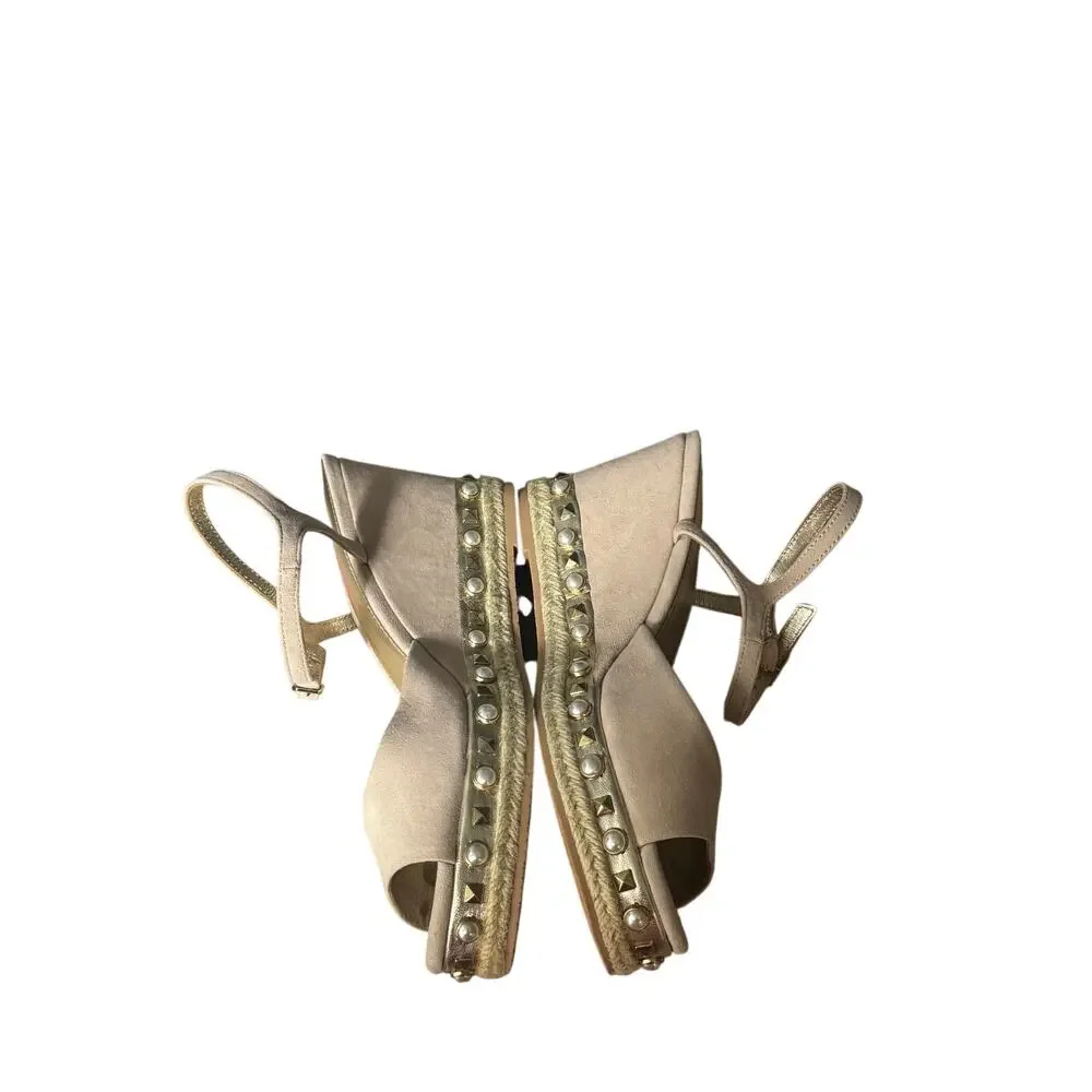 Lilly Pulitzer Hadley Espadrille Wedge Sandals Womens US 9 Beige Pearl Studded